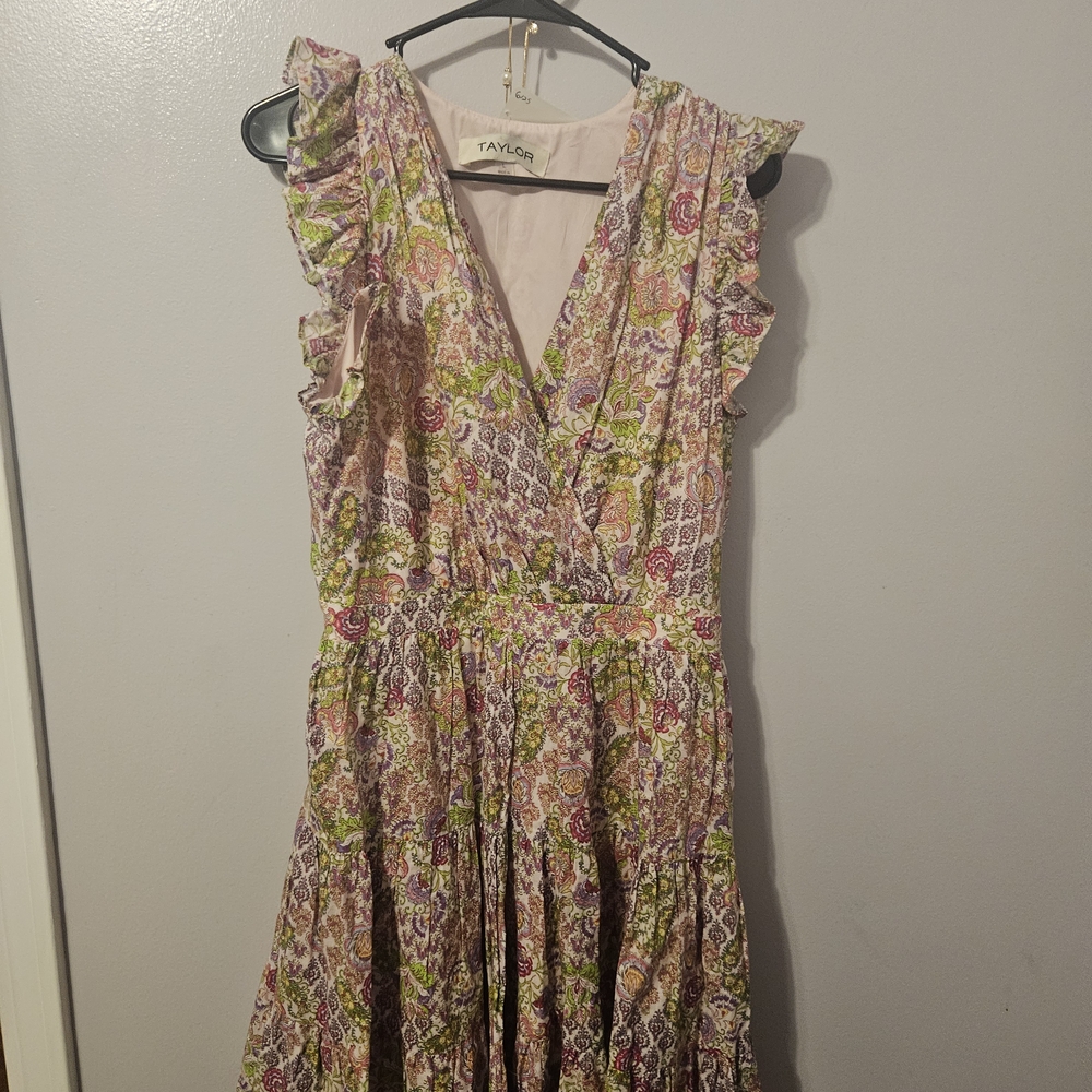 Taylor Pink and Green Pleated Ruffled Sundress